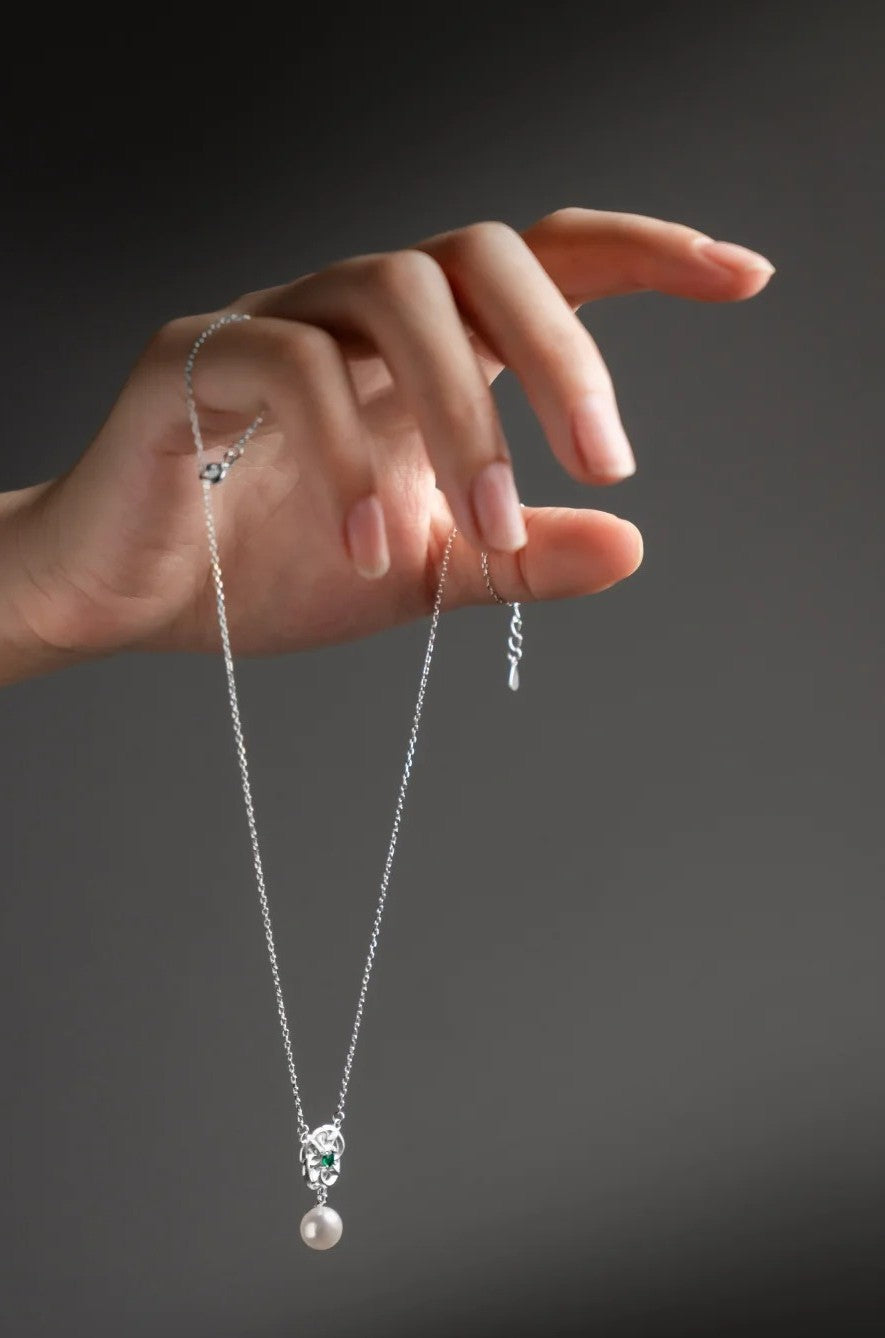 Mistveil Floral Pearl & Green Zircon Silver Elegant Pendant Necklace