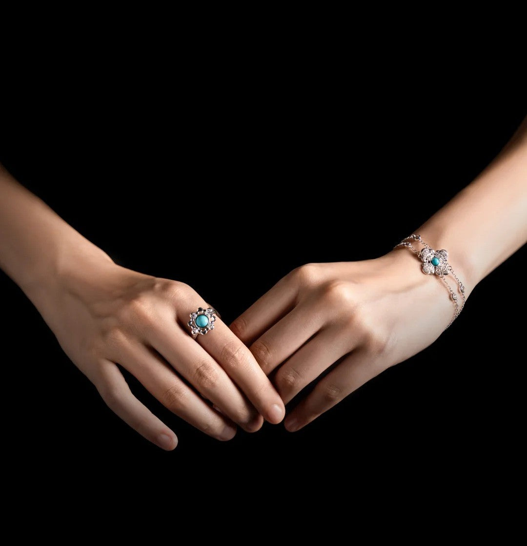 Mistveil Turquoise Floral Silver Elegant Jewelry Set