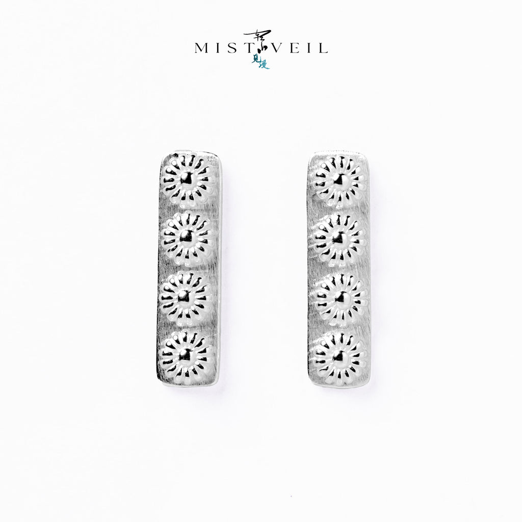 Mistveil Pine-Blossom Silver Auspicious Stud Earrings