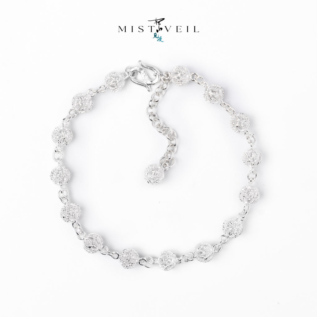 Mistveil Filigree‑Wish‑Ball Silver Poetic Bracelet