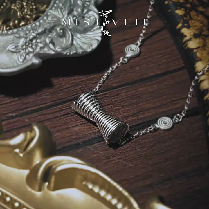 Mistveil Ornate-Drum Silver Rhythmic Necklace